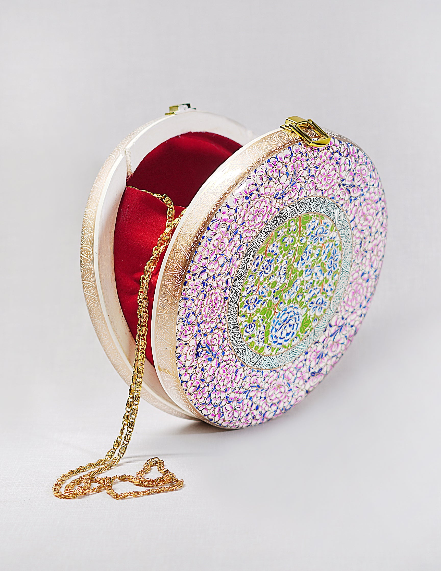 Papier-Mâché Round Clutch — Hand-Painted Design | Ø 20 cm × 4.5 cm (H)