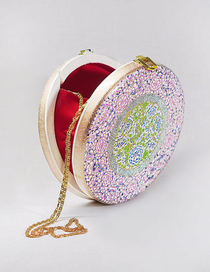 Papier-Mâché Round Clutch — Hand-Painted Design | Ø 20 cm × 4.5 cm (H)