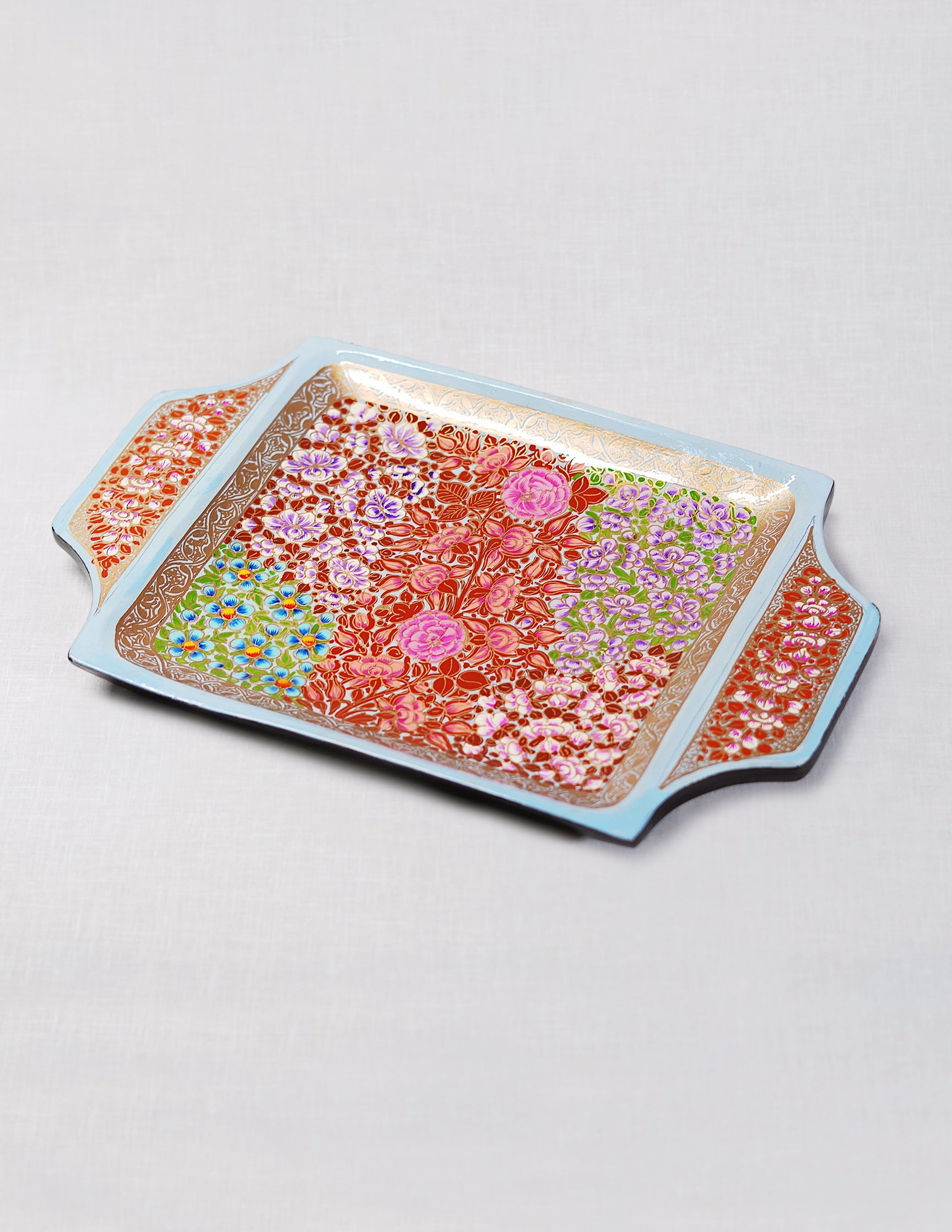 Papier-Mâché Tray with Handle — Hand-Painted Design | 19.5 cm (L) × 30.3 cm (B) × 2.5 cm (H)