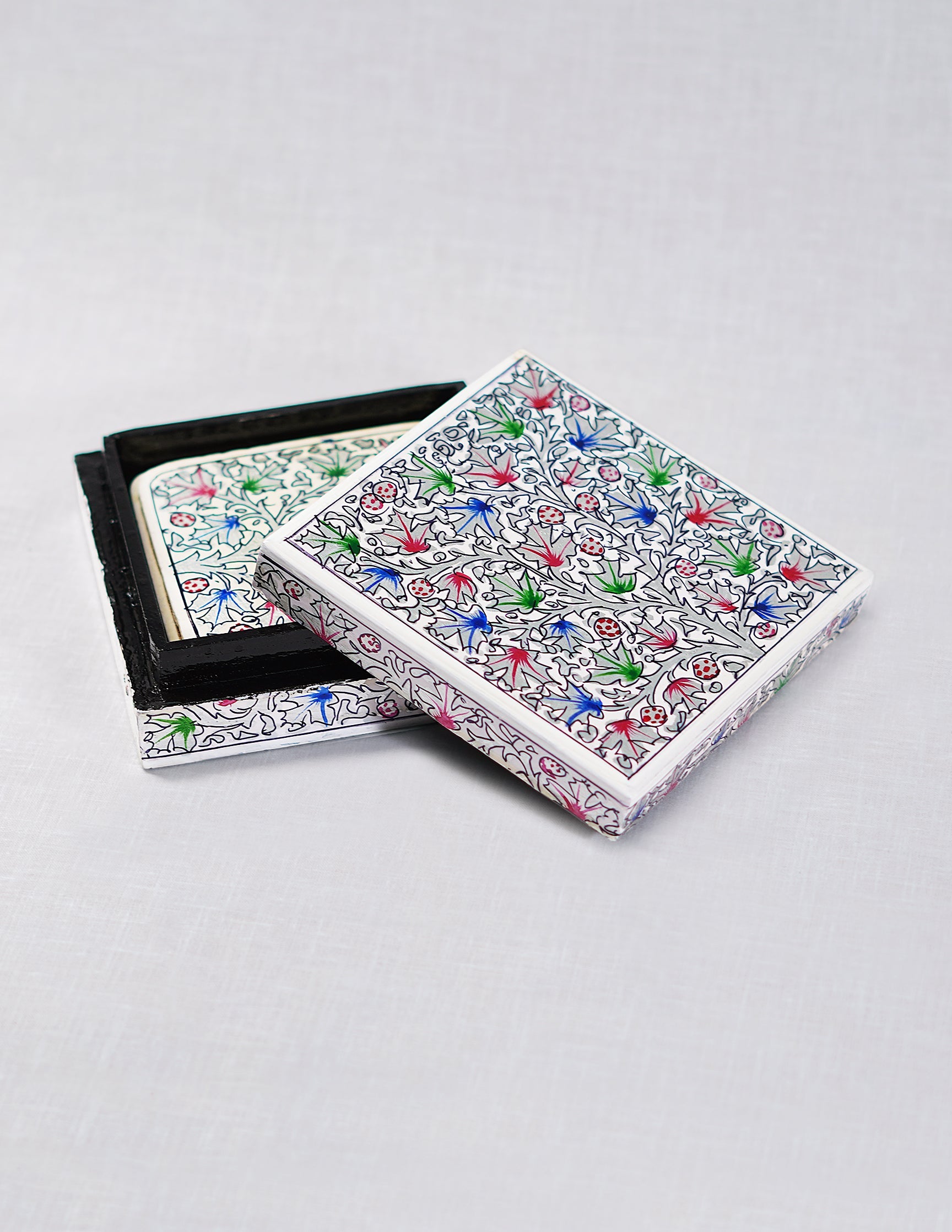 Papier-Mâché Coaster Set — Hand-Painted Design | 11.2 cm (L) × 11.2 cm (B) × 3.5 cm (H)