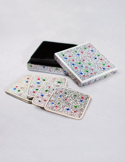 Papier-Mâché Coaster Set — Hand-Painted Design | 11.2 cm (L) × 11.2 cm (B) × 3.5 cm (H)