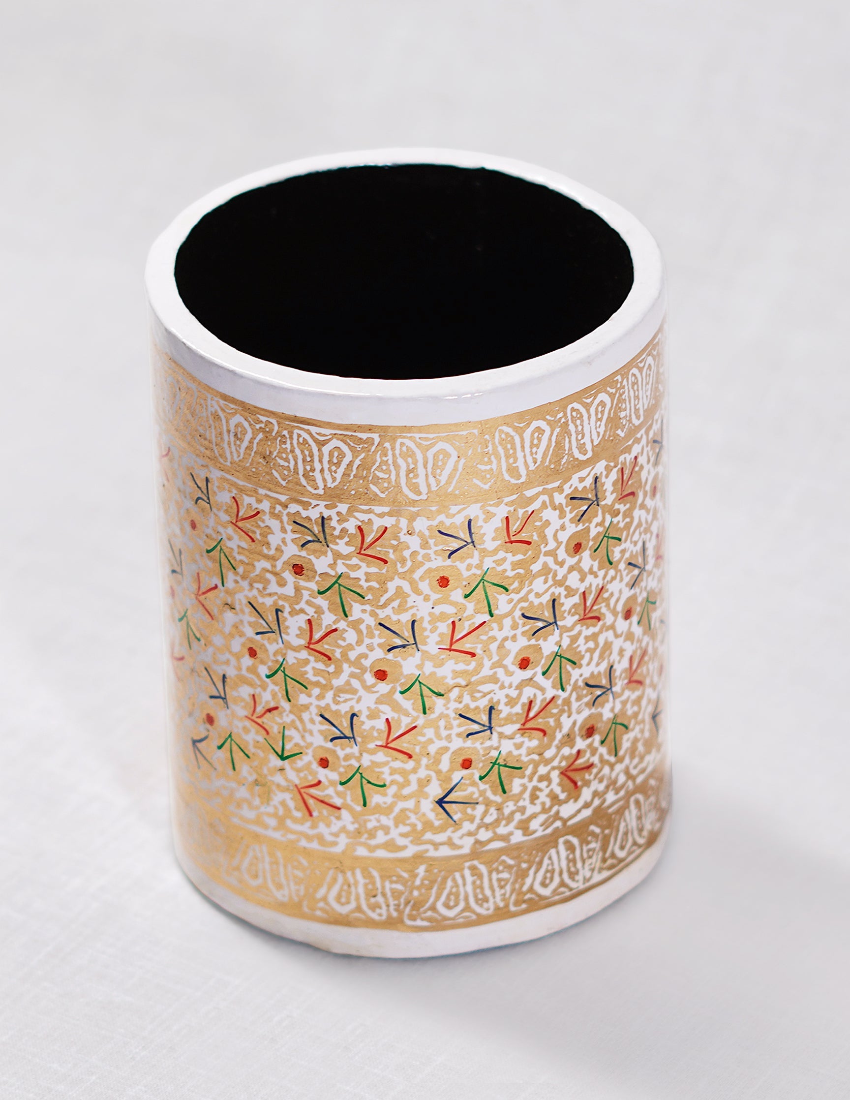 Papier-Mâché Pen Holder — Hand-Painted Design | Ø 7.5 cm × 10.8 cm (H)