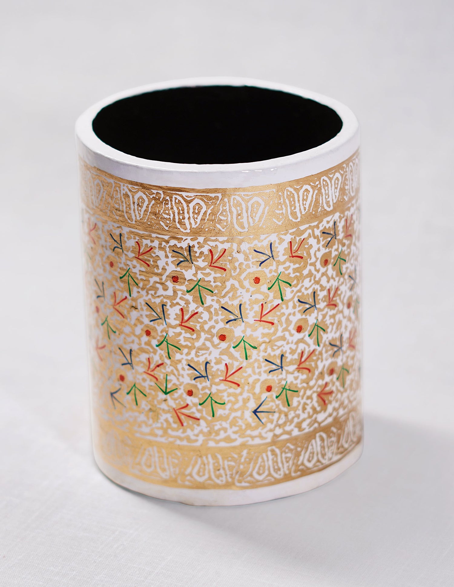 Papier-Mâché Pen Holder — Hand-Painted Design | Ø 7.5 cm × 10.8 cm (H)