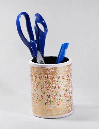 Papier-Mâché Pen Holder — Hand-Painted Design | Ø 7.5 cm × 10.8 cm (H)