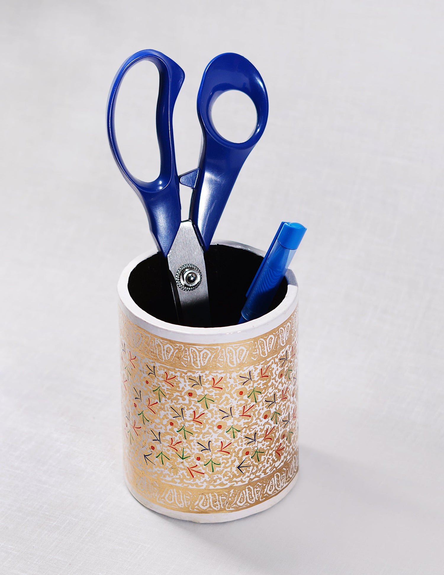 Papier-Mâché Pen Holder — Hand-Painted Design | Ø 7.5 cm × 10.8 cm (H)