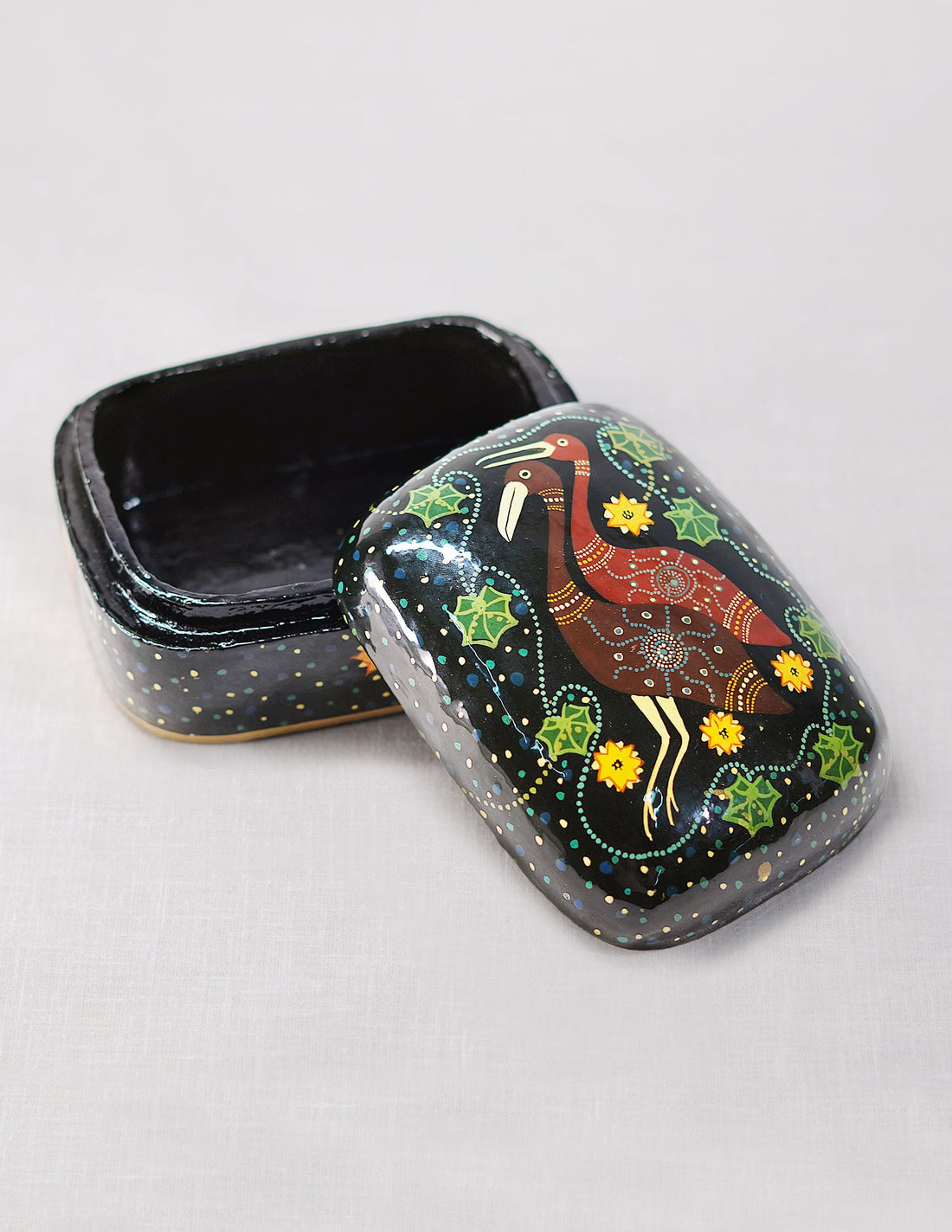 Papier-Mâché Trinket Box — Hand-Painted Design | 8.5 cm (L) × 11.5 cm (B) × 5.5 cm (H)