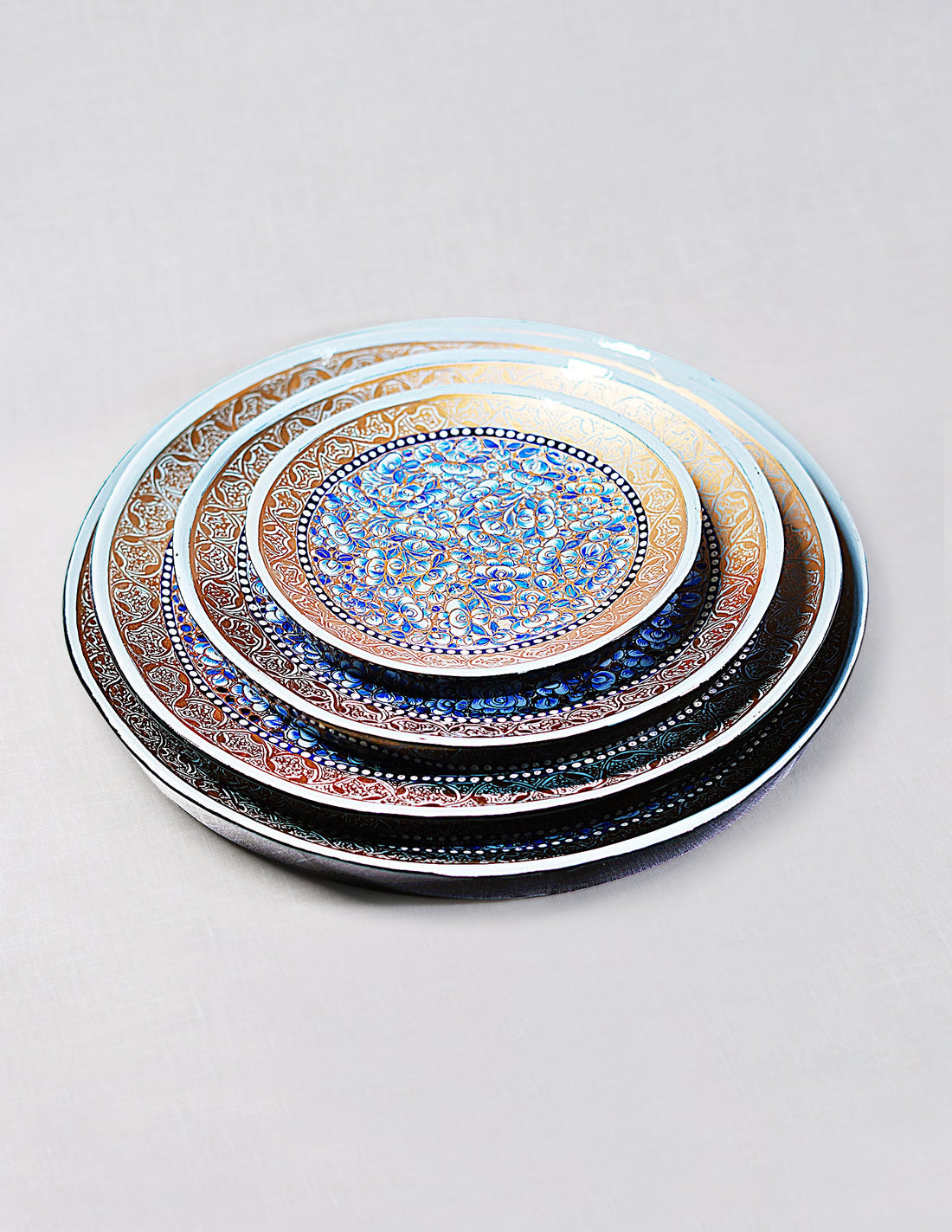 Papier-Mâché Roti Plate / Wall Plate — Hand-Painted Design | Ø 15 cm, Ø 20 cm, Ø 25 cm &amp; Ø 28 cm (set of 4 plates)