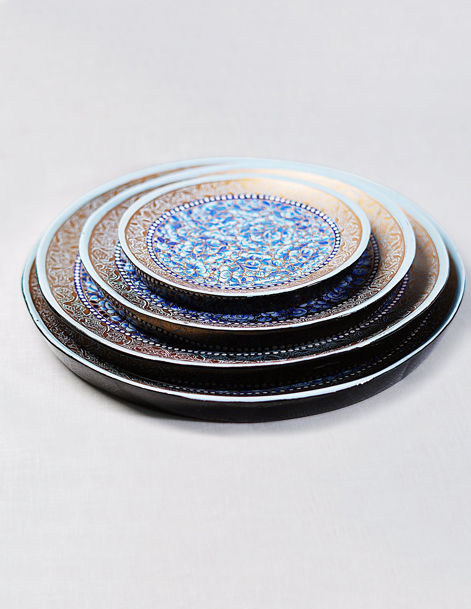 Papier-Mâché Roti Plate / Wall Plate — Hand-Painted Design | Ø 15 cm, Ø 20 cm, Ø 25 cm &amp; Ø 28 cm (set of 4 plates)