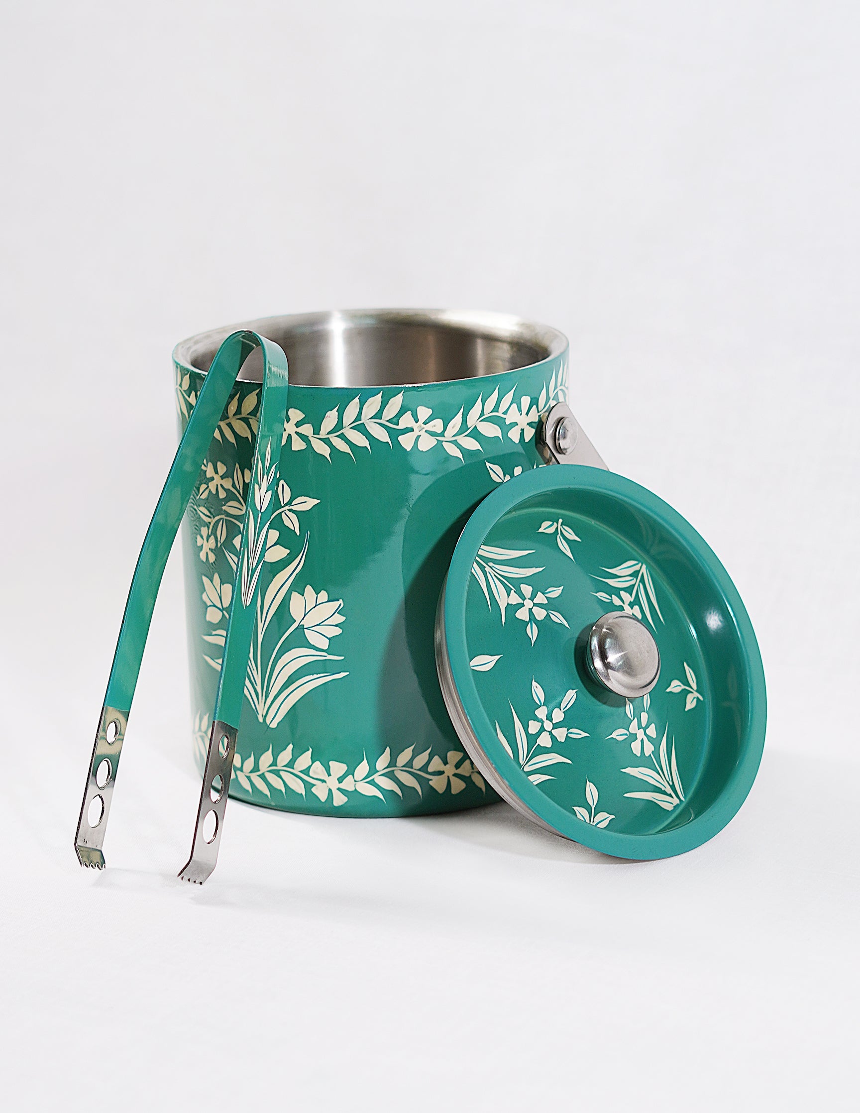 Papier-Mâché Ice Bucket with Tong — Hand-Painted Design | Ø 12.5 cm × 13.5 cm (H); Tong: 16 cm