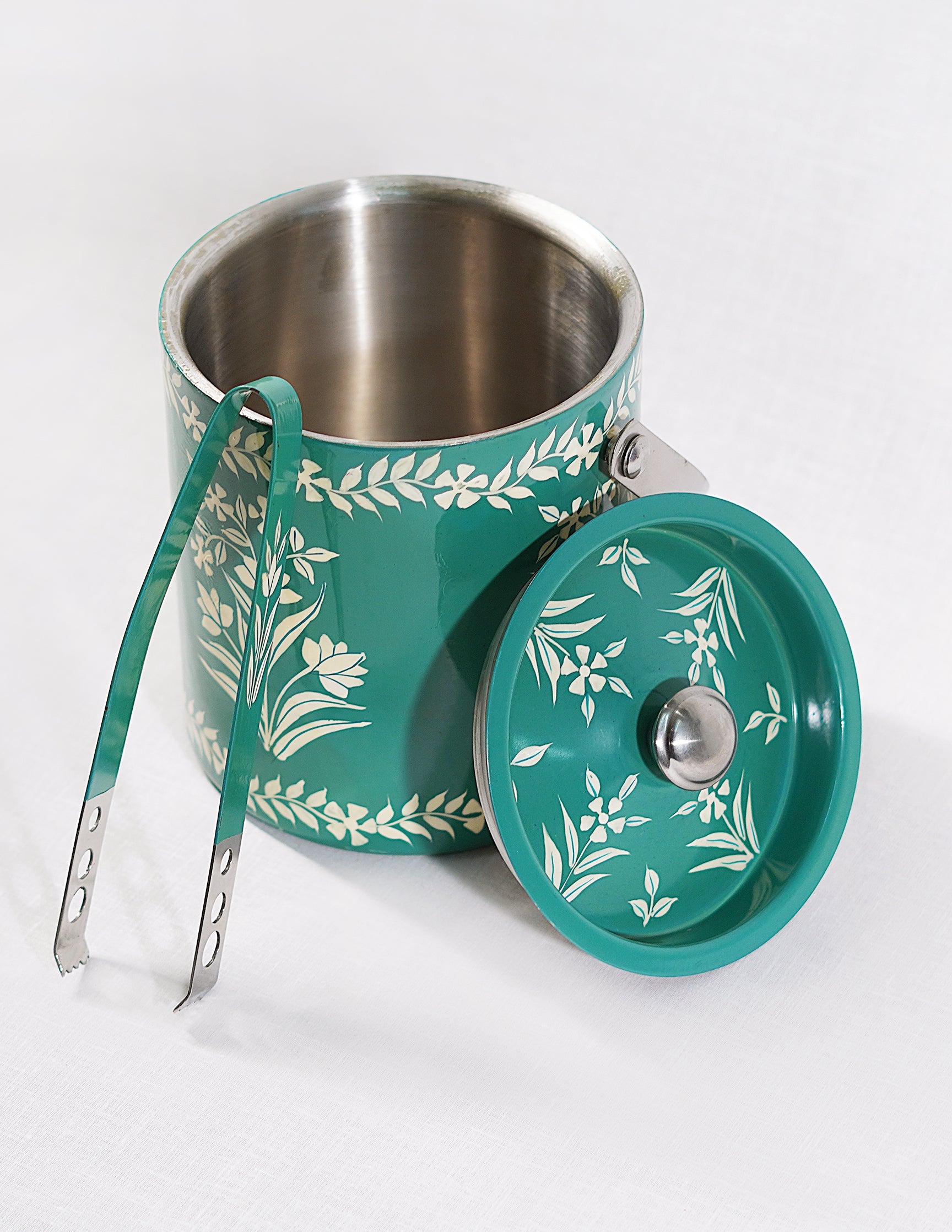Papier-Mâché Ice Bucket with Tong — Hand-Painted Design | Ø 12.5 cm × 13.5 cm (H); Tong: 16 cm