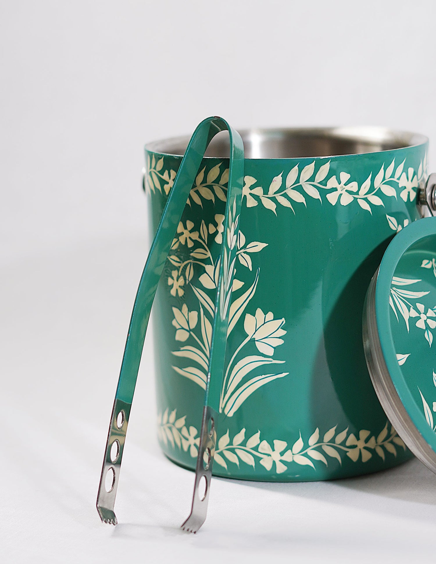 Papier-Mâché Ice Bucket with Tong — Hand-Painted Design | Ø 12.5 cm × 13.5 cm (H); Tong: 16 cm