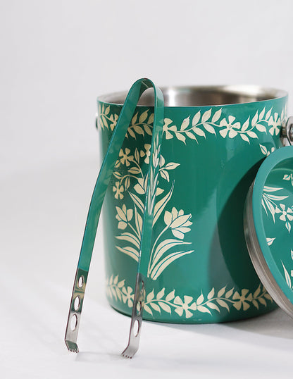 Papier-Mâché Ice Bucket with Tong — Hand-Painted Design | Ø 12.5 cm × 13.5 cm (H); Tong: 16 cm