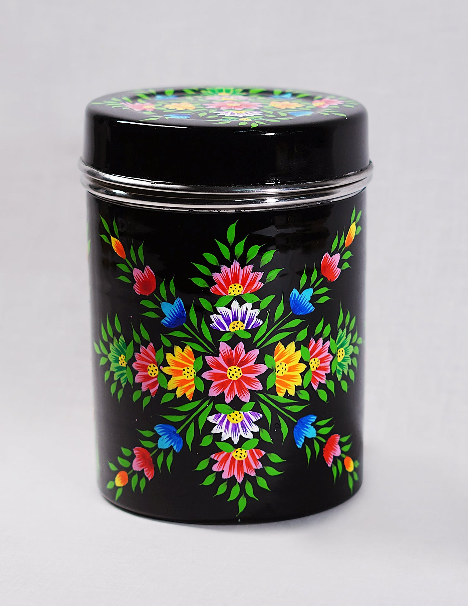 Papier-Mâché Canister Box — Hand-Painted Design | Ø 10.5 cm × 15 cm (H)