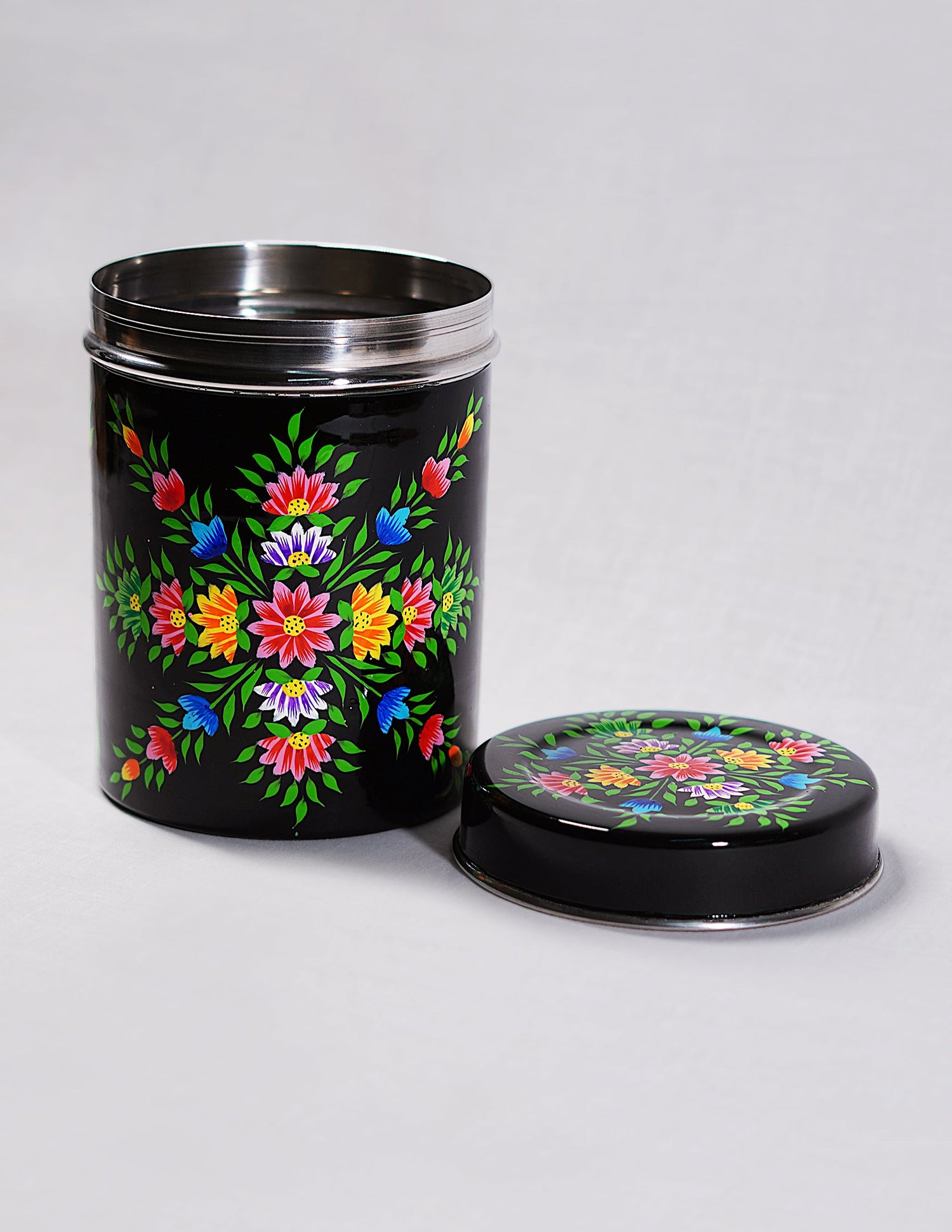 Papier-Mâché Canister Box — Hand-Painted Design | Ø 10.5 cm × 15 cm (H)