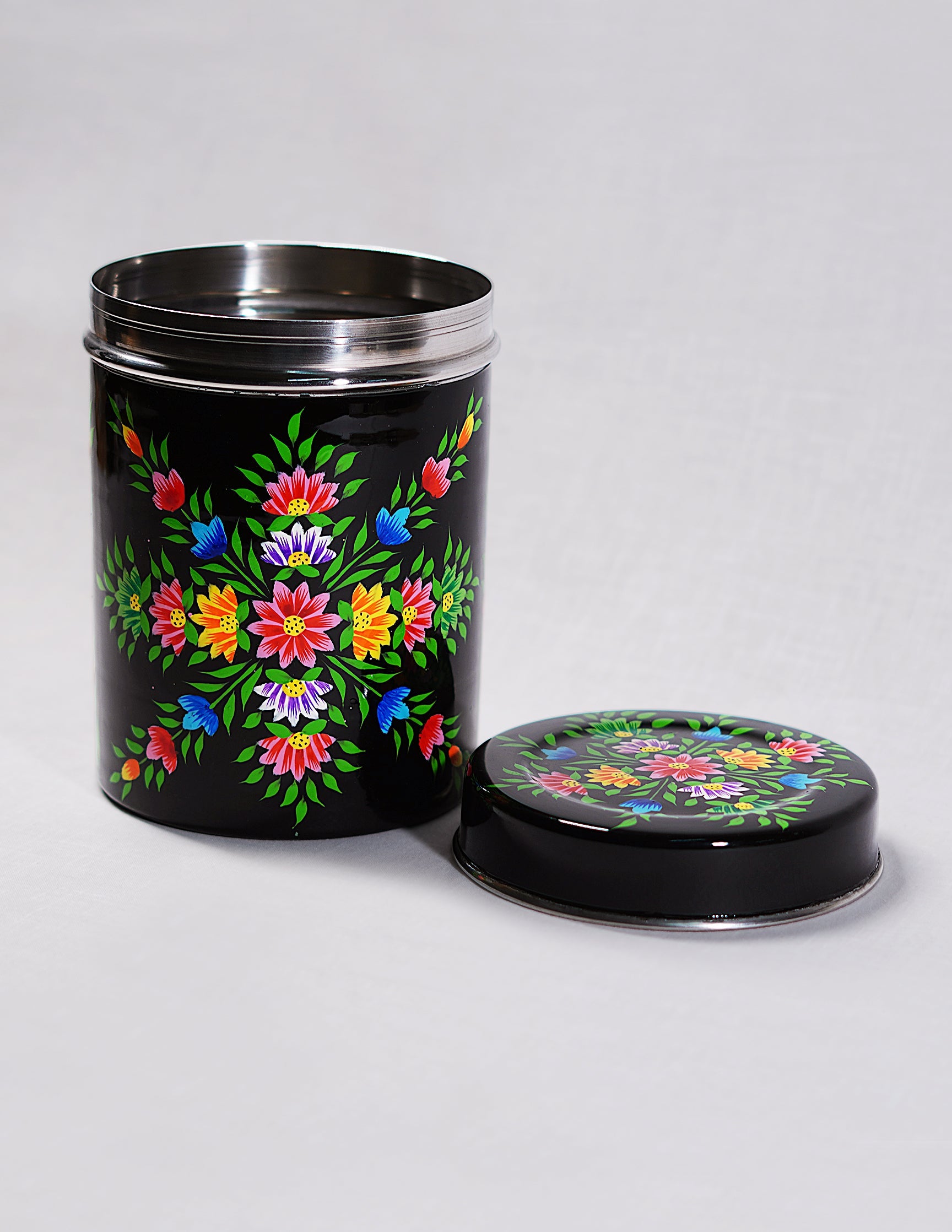 Papier-Mâché Canister Box — Hand-Painted Design | Ø 10.5 cm × 15 cm (H)