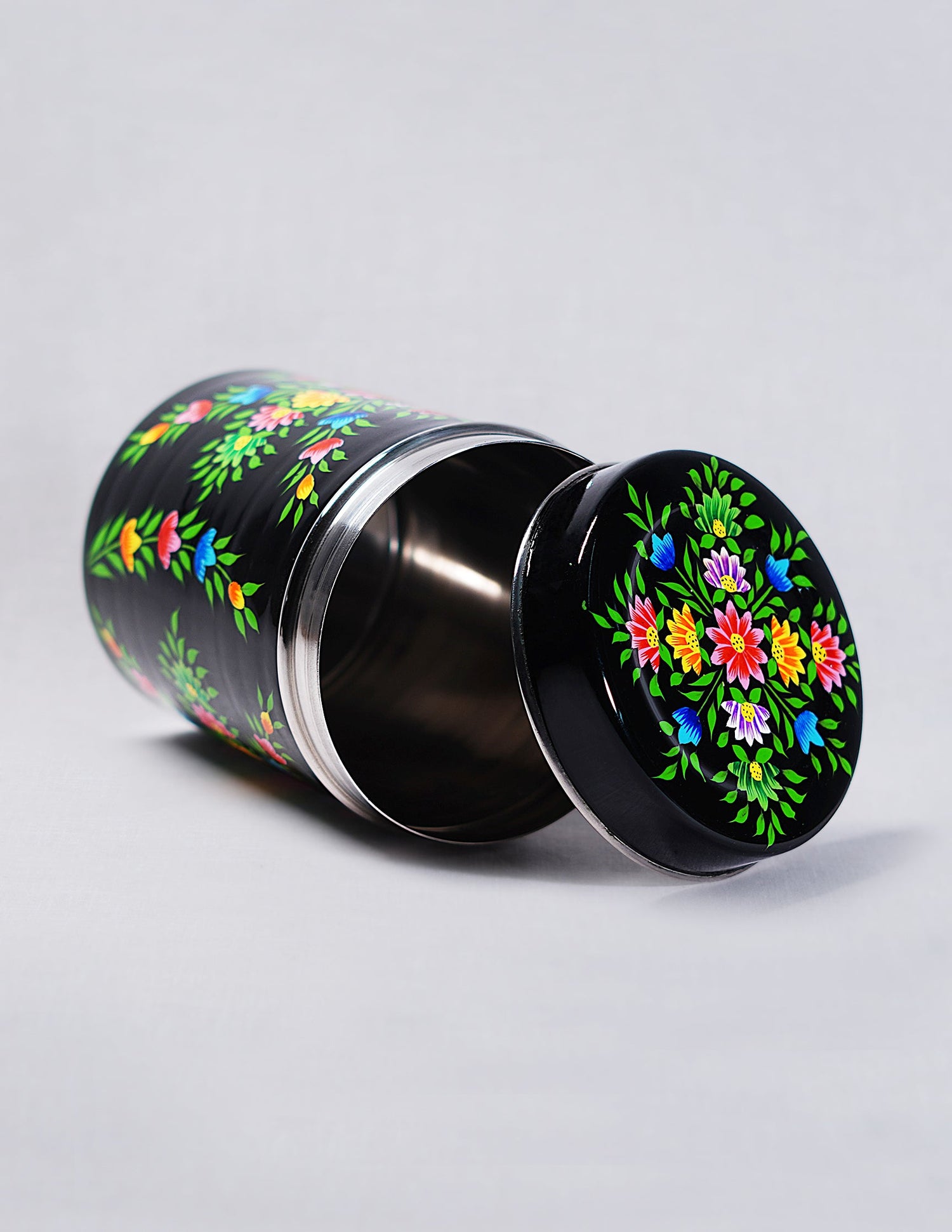 Papier-Mâché Canister Box — Hand-Painted Design | Ø 10.5 cm × 15 cm (H)