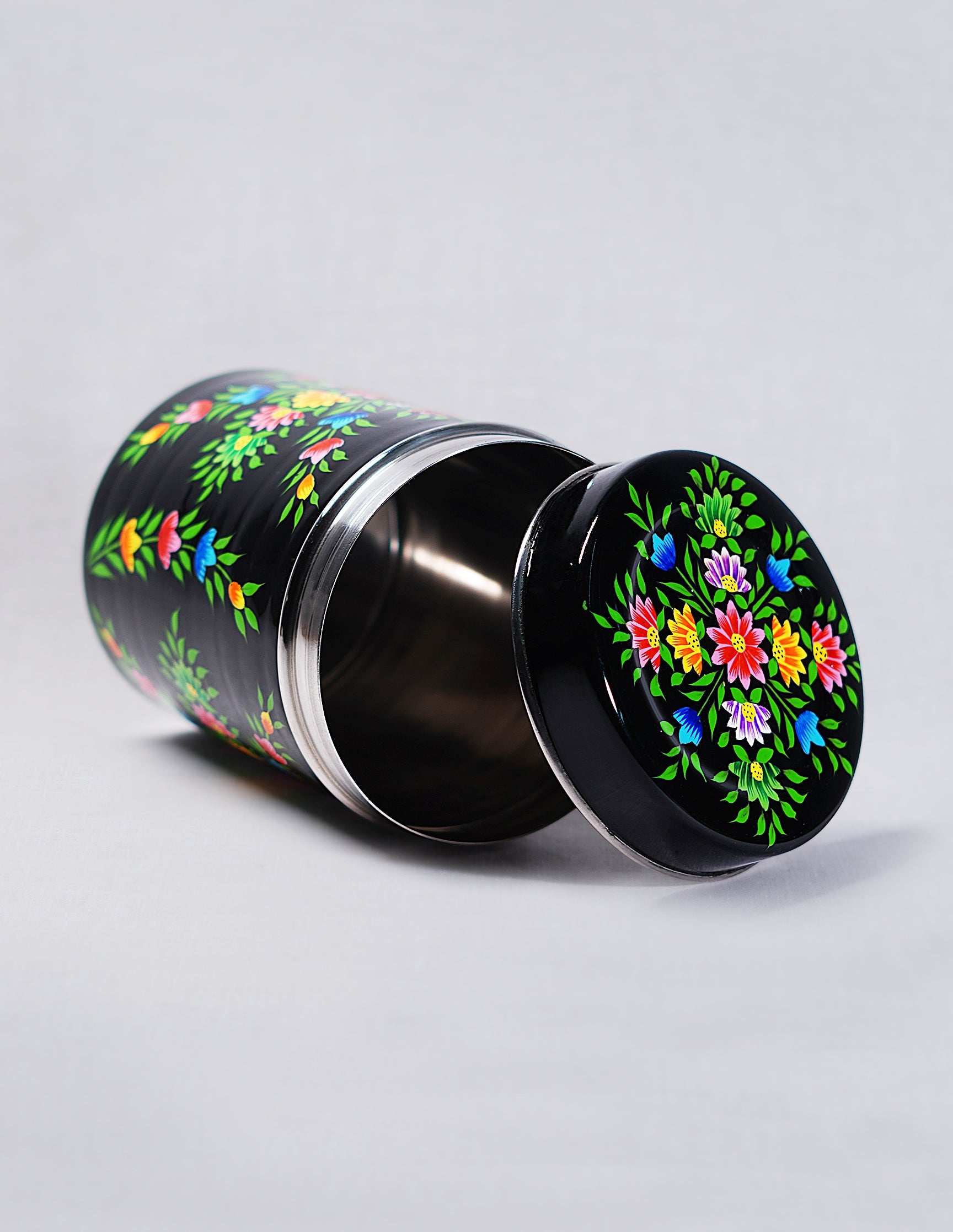 Papier-Mâché Canister Box — Hand-Painted Design | Ø 10.5 cm × 15 cm (H)