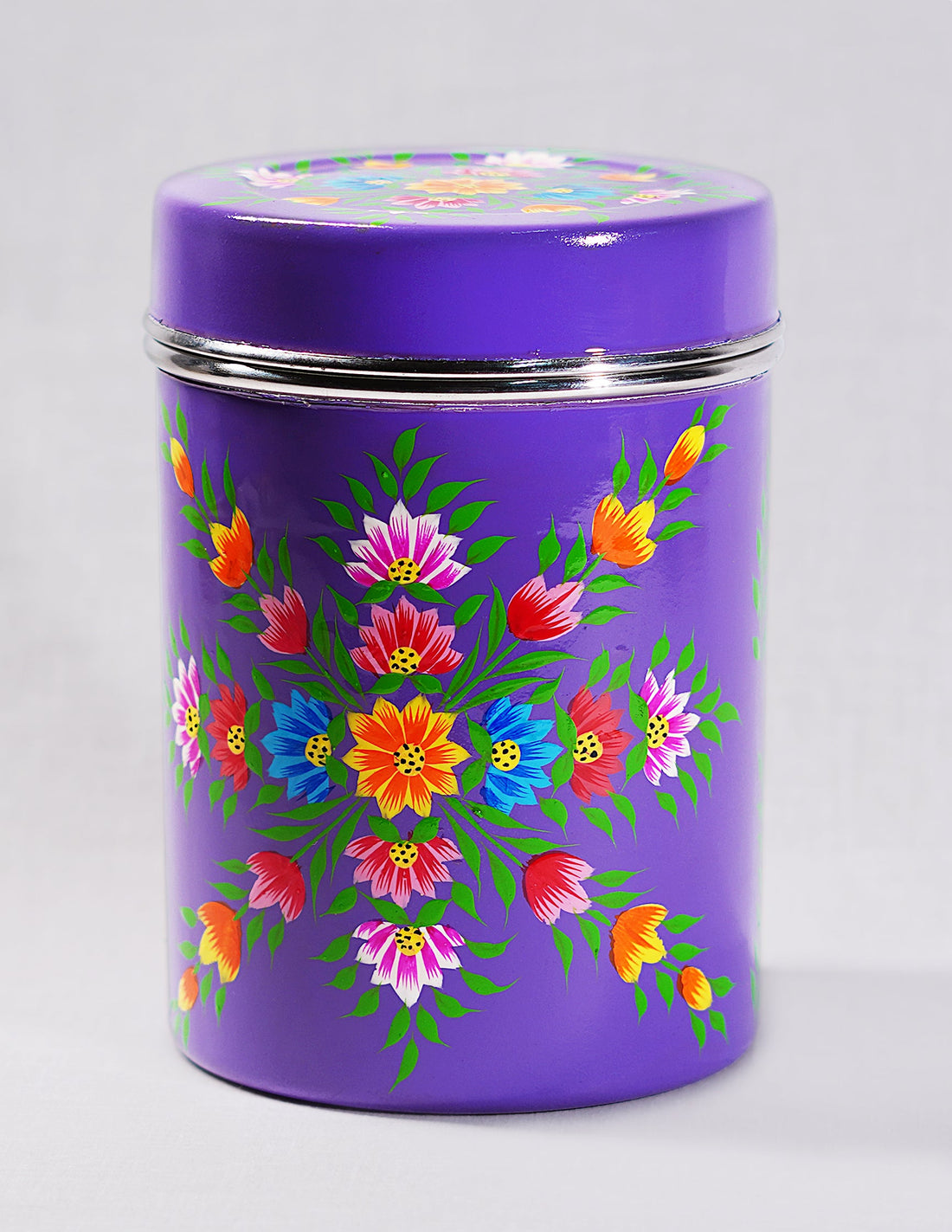 Papier-Mâché Canister Box — Hand-Painted Design | Ø 10.5 cm × 15 cm (H)