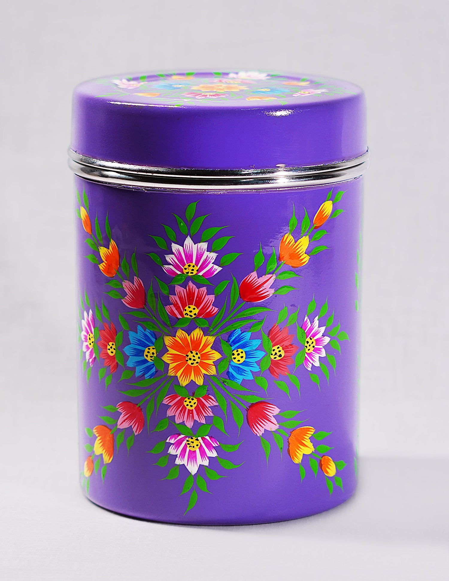 Papier-Mâché Canister Box — Hand-Painted Design | Ø 10.5 cm × 15 cm (H)