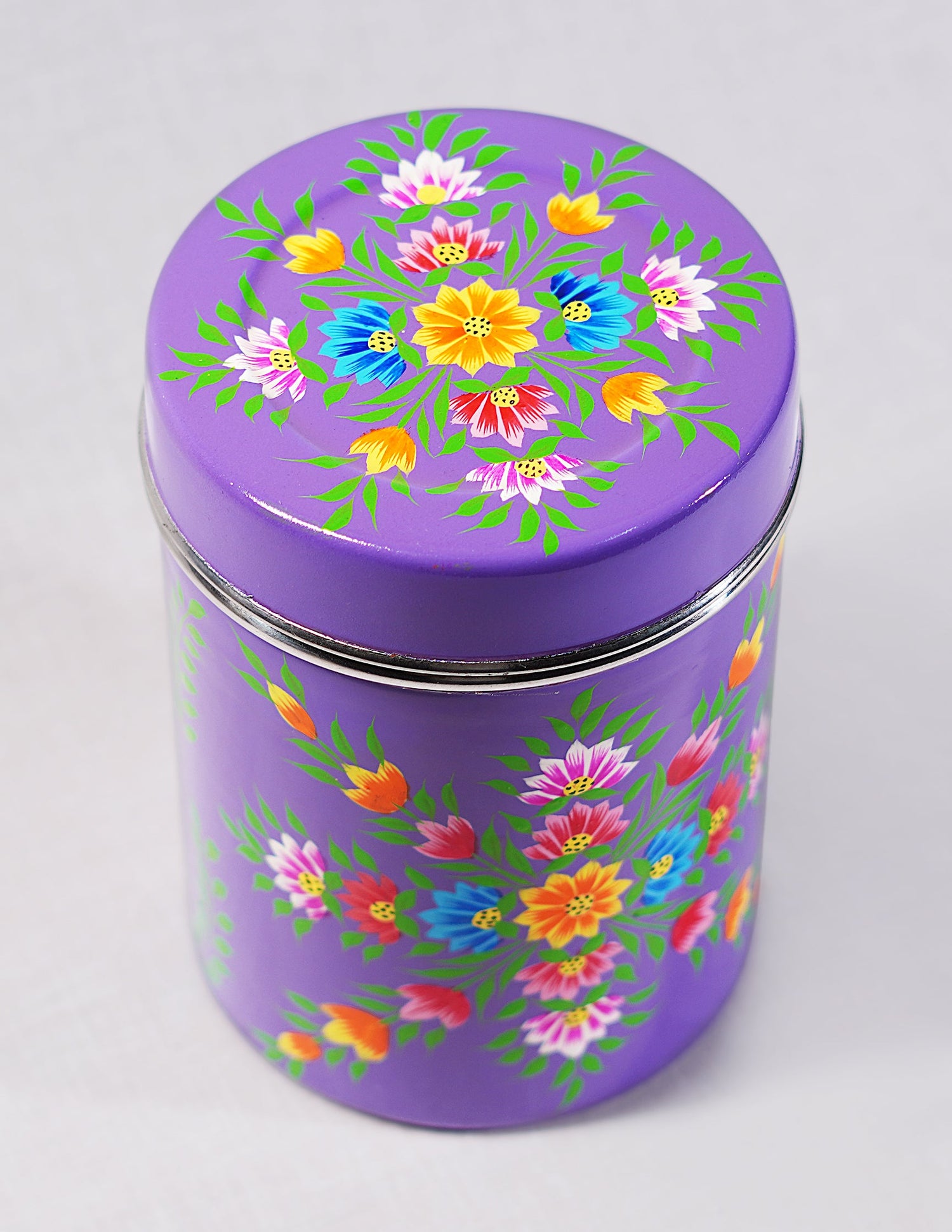 Papier-Mâché Canister Box — Hand-Painted Design | Ø 10.5 cm × 15 cm (H)