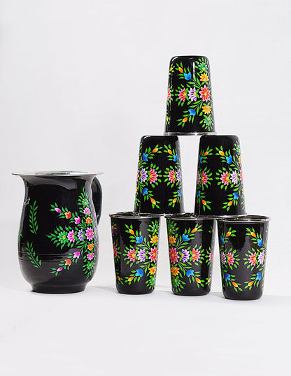 Papier-Mâché Jug Set — Hand-Painted Design | Jug Ø 14 cm × 18 cm | Glass Ø 8 cm × 12 cm