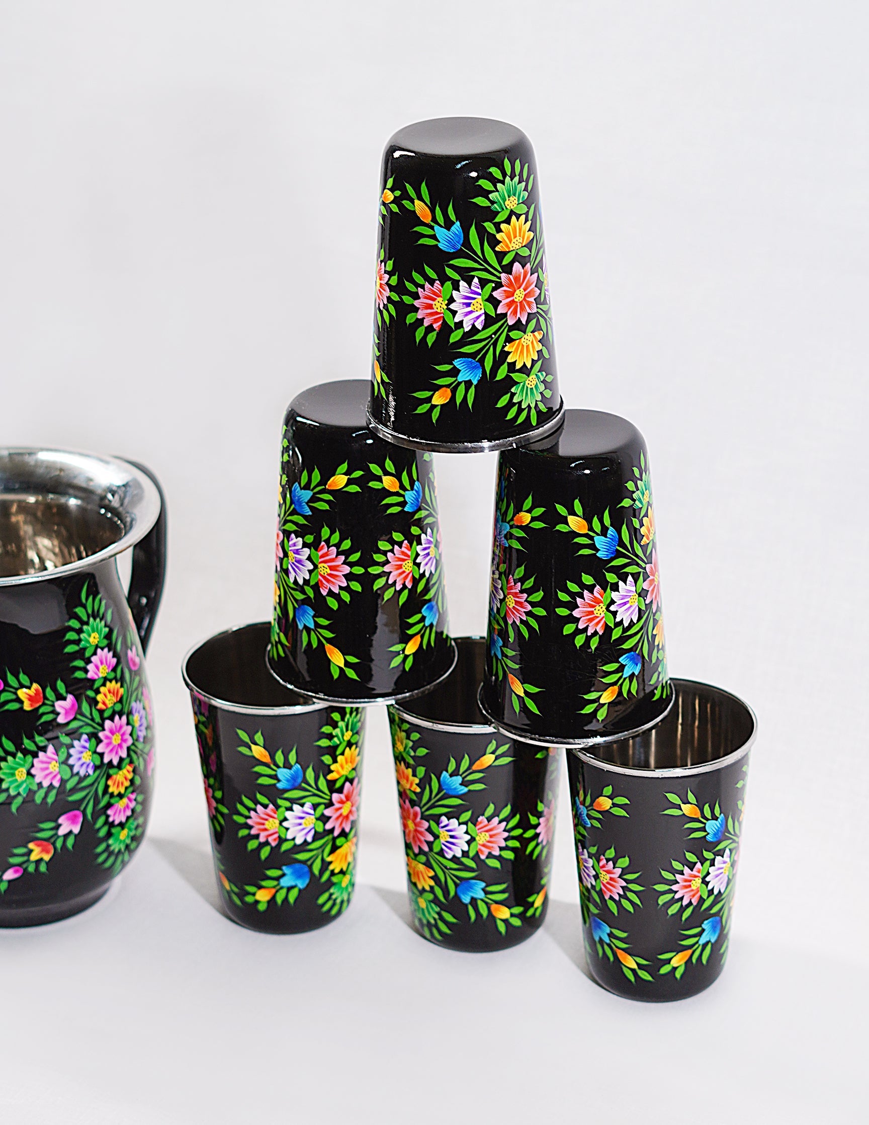 Papier-Mâché Jug Set — Hand-Painted Design | Jug Ø 14 cm × 18 cm | Glass Ø 8 cm × 12 cm