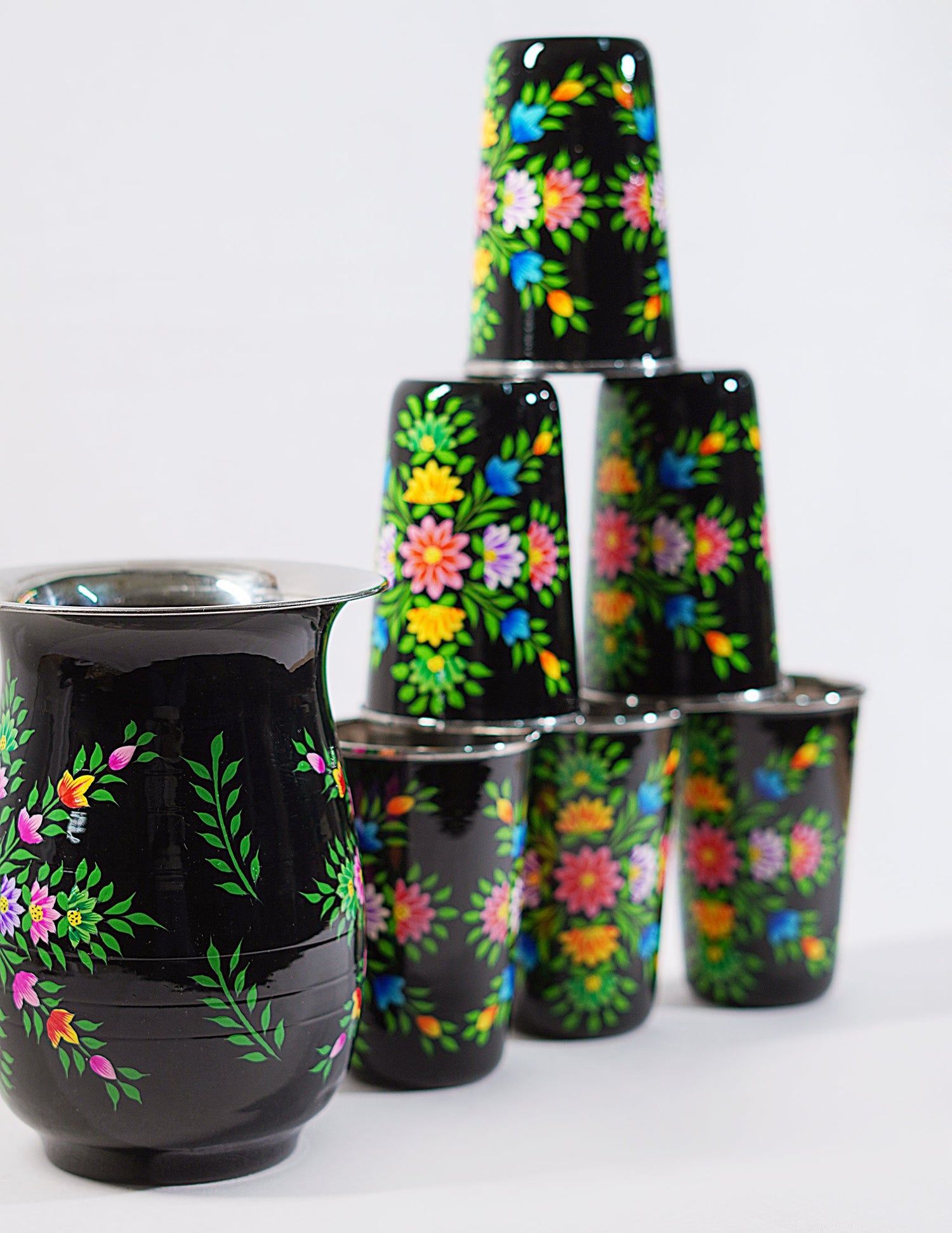 Papier-Mâché Jug Set — Hand-Painted Design | Jug Ø 14 cm × 18 cm | Glass Ø 8 cm × 12 cm