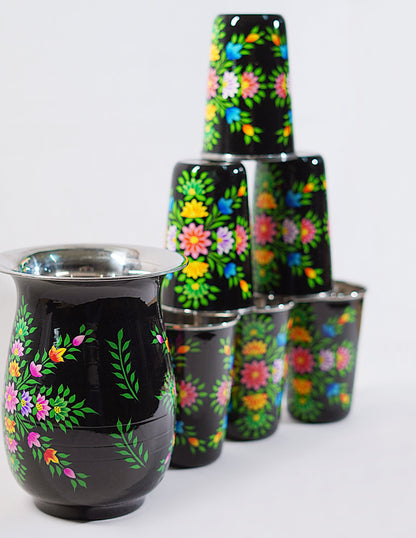 Papier-Mâché Jug Set — Hand-Painted Design | Jug Ø 14 cm × 18 cm | Glass Ø 8 cm × 12 cm