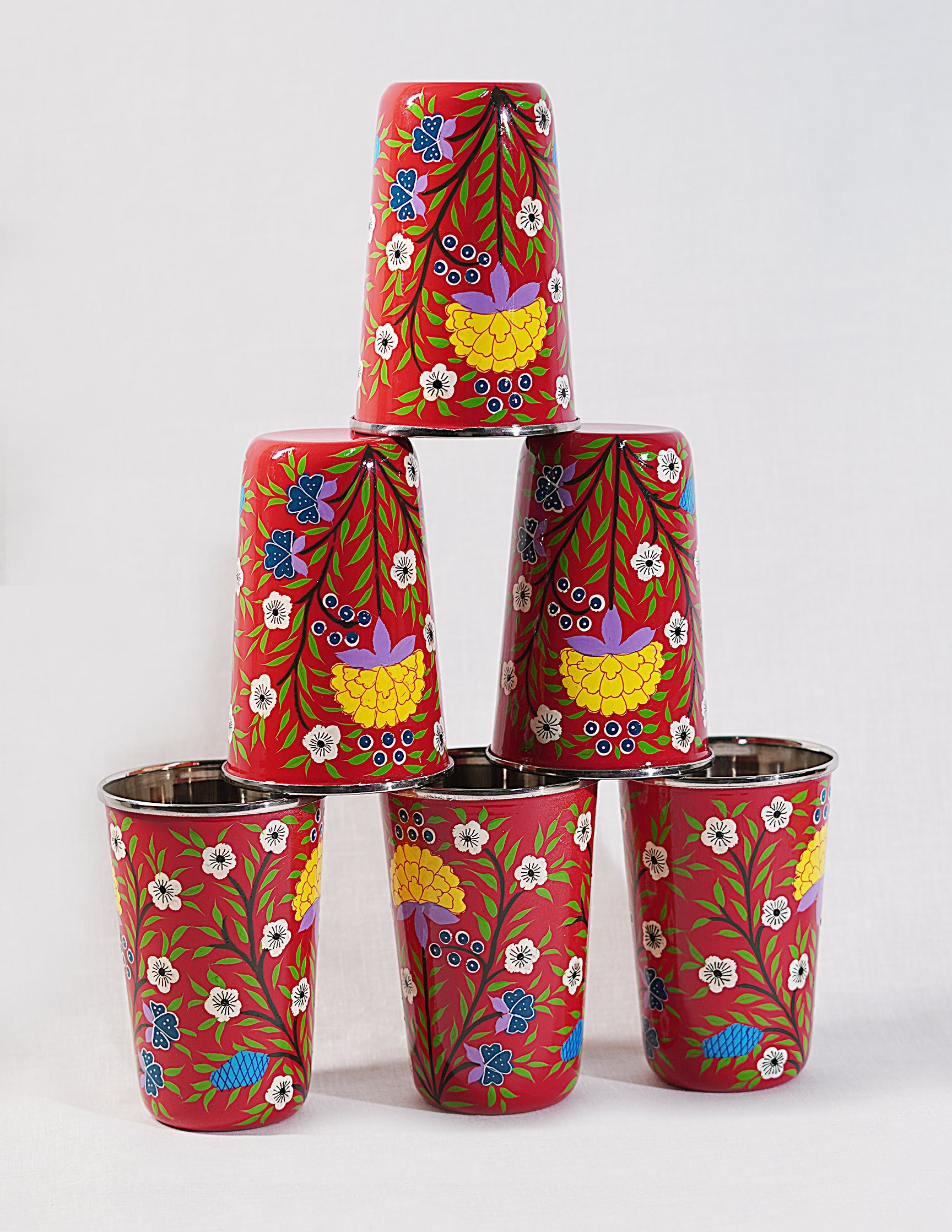 Papier-Mâché Glass Set (Set of 6) — Hand-Painted Design | Ø 8 cm × 12 cm (H)