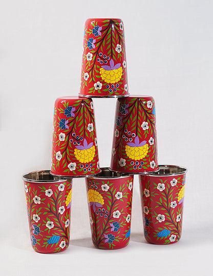 Papier-Mâché Glass Set (Set of 6) — Hand-Painted Design | Ø 8 cm × 12 cm (H)