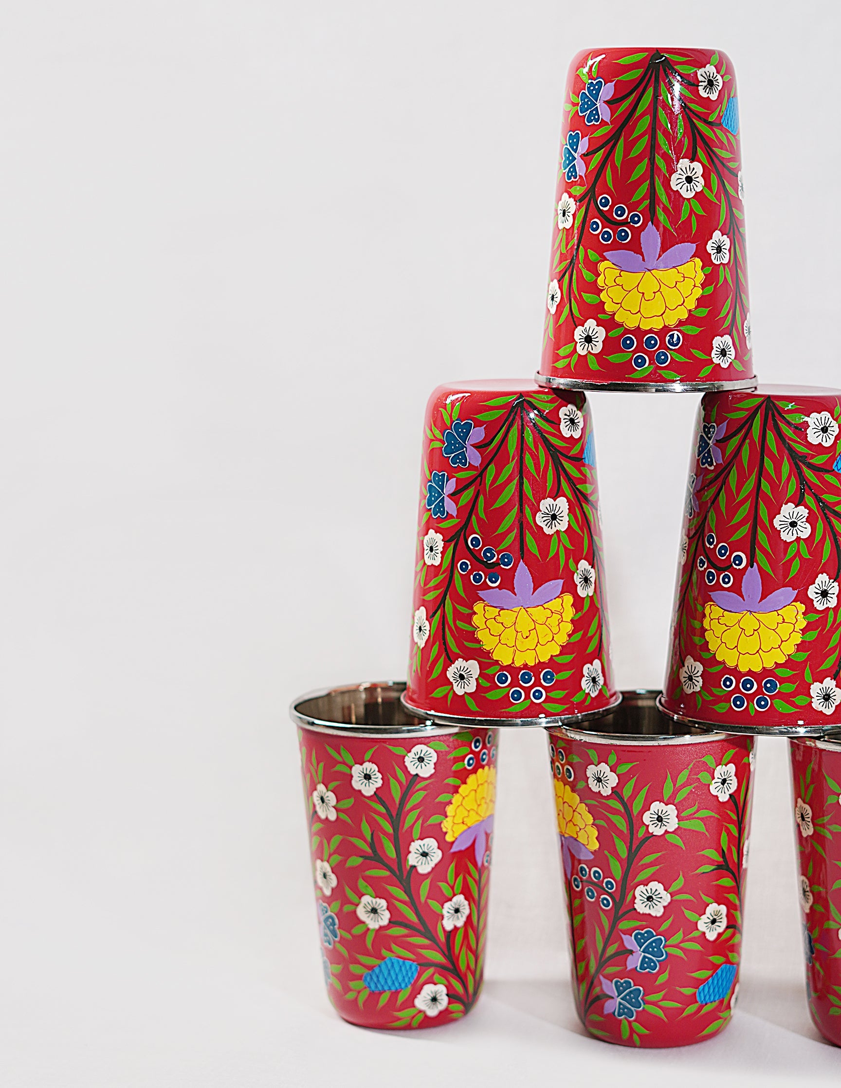 Papier-Mâché Glass Set (Set of 6) — Hand-Painted Design | Ø 8 cm × 12 cm (H)