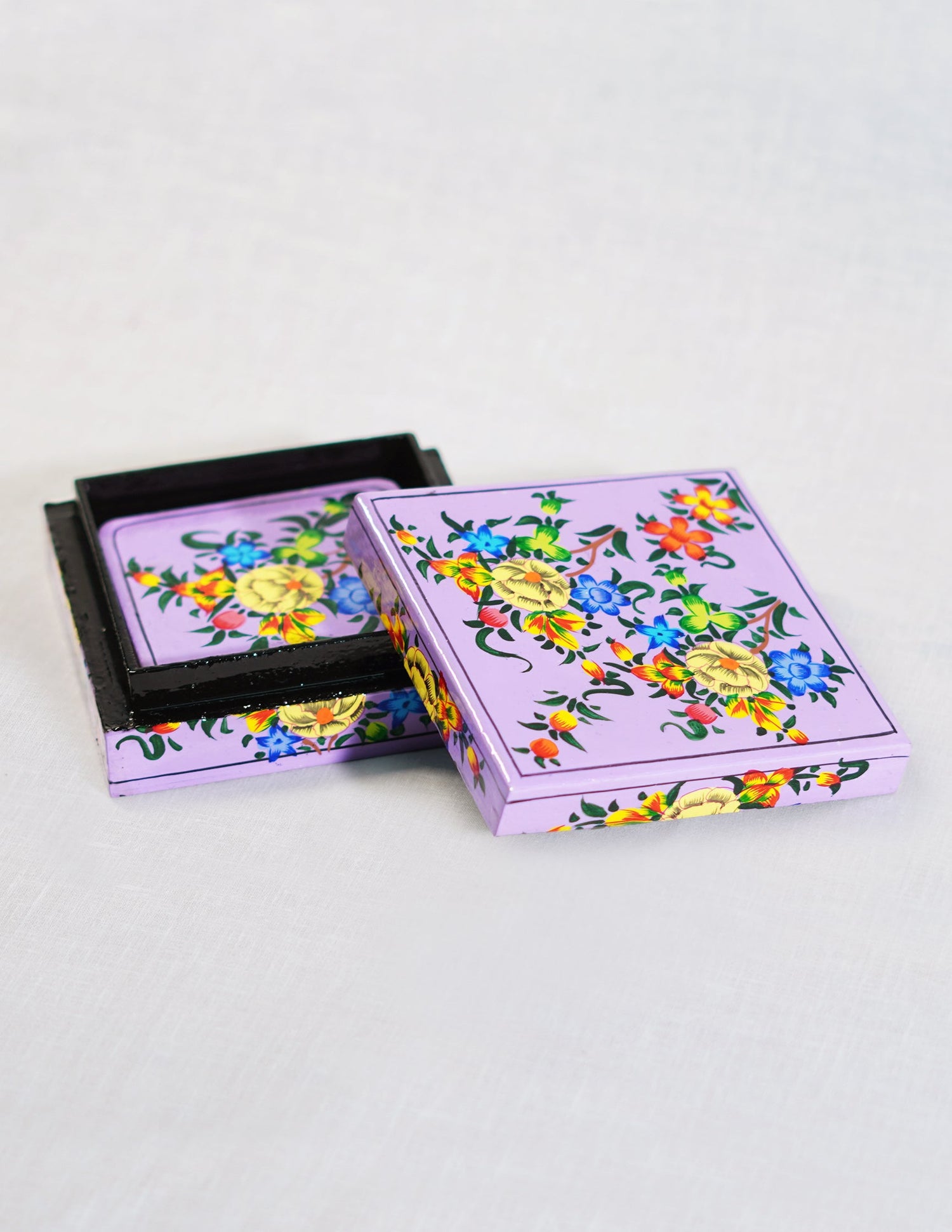 Papier-Mâché Coaster Set — Hand-Painted Design | 11 cm (L) × 11 cm (B) × 3.5 cm (H)