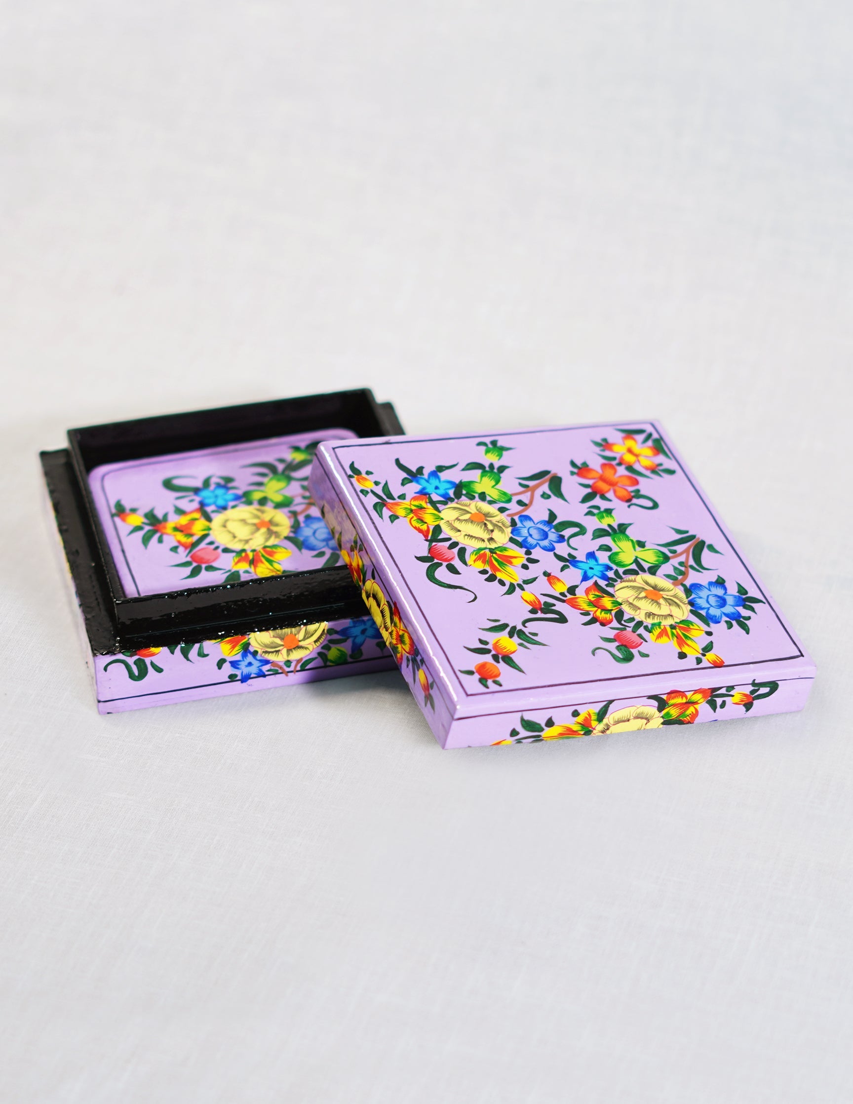 Papier-Mâché Coaster Set — Hand-Painted Design | 11 cm (L) × 11 cm (B) × 3.5 cm (H)