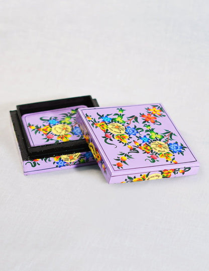 Papier-Mâché Coaster Set — Hand-Painted Design | 11 cm (L) × 11 cm (B) × 3.5 cm (H)