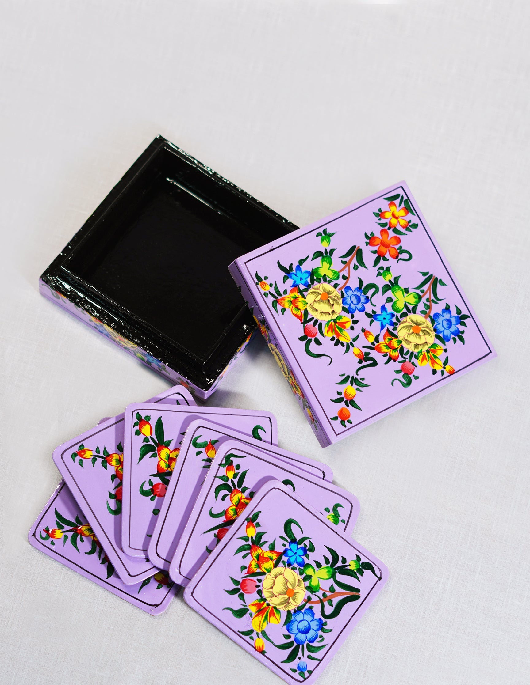 Papier-Mâché Coaster Set — Hand-Painted Design | 11 cm (L) × 11 cm (B) × 3.5 cm (H)