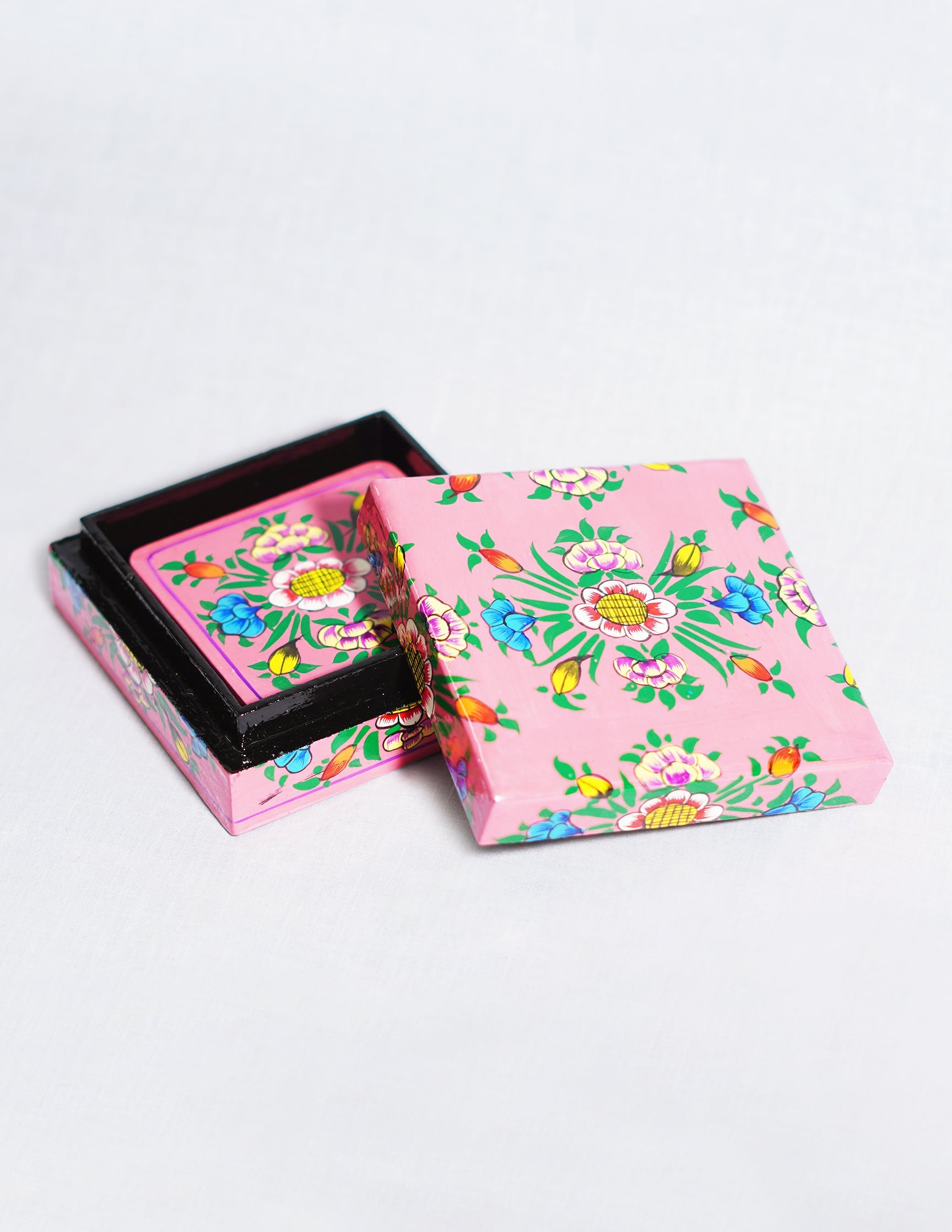 Papier-Mâché Coaster Set — Hand-Painted Design | 11 cm (L) × 11 cm (B) × 3.5 cm (H)