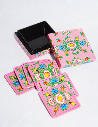 Papier-Mâché Coaster Set — Hand-Painted Design | 11 cm (L) × 11 cm (B) × 3.5 cm (H)