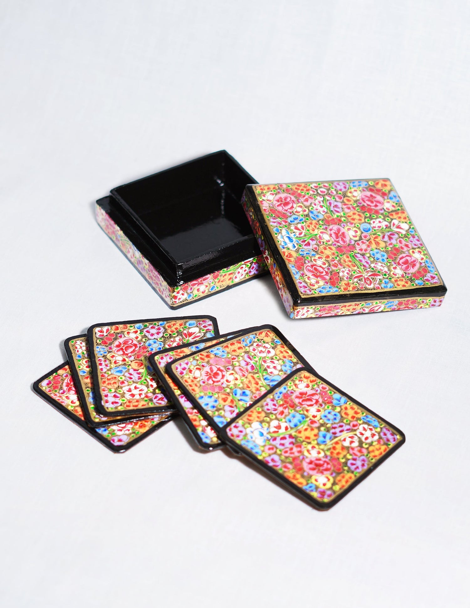 Papier-Mâché Coaster Set — Hand-Painted Design | 11 cm (L) × 11 cm (B) × 3.5 cm (H)