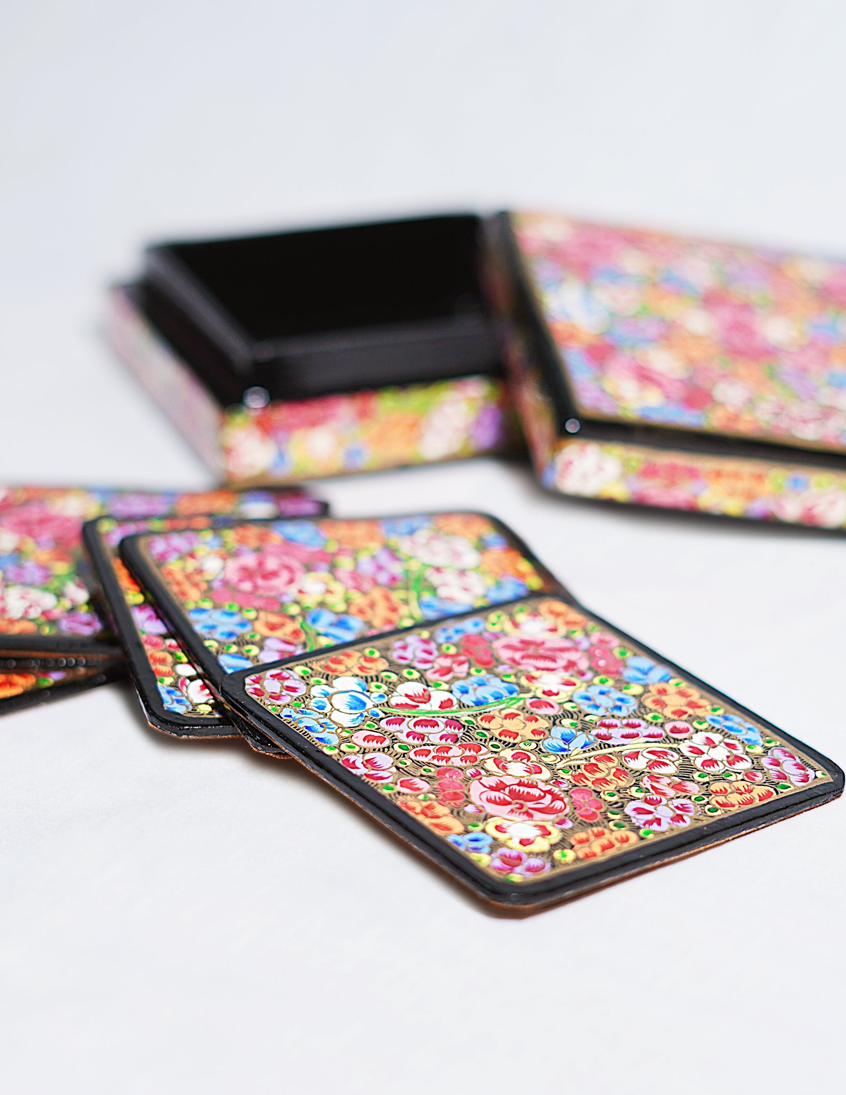 Papier-Mâché Coaster Set — Hand-Painted Design | 11 cm (L) × 11 cm (B) × 3.5 cm (H)