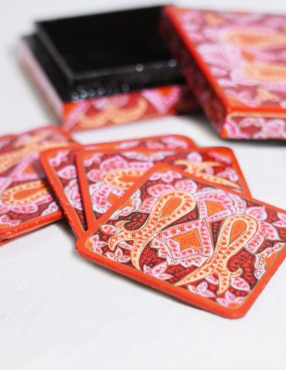 Papier-Mâché Coaster Set — Hand-Painted Design | 11 cm (L) × 11 cm (B) × 3.5 cm (H)