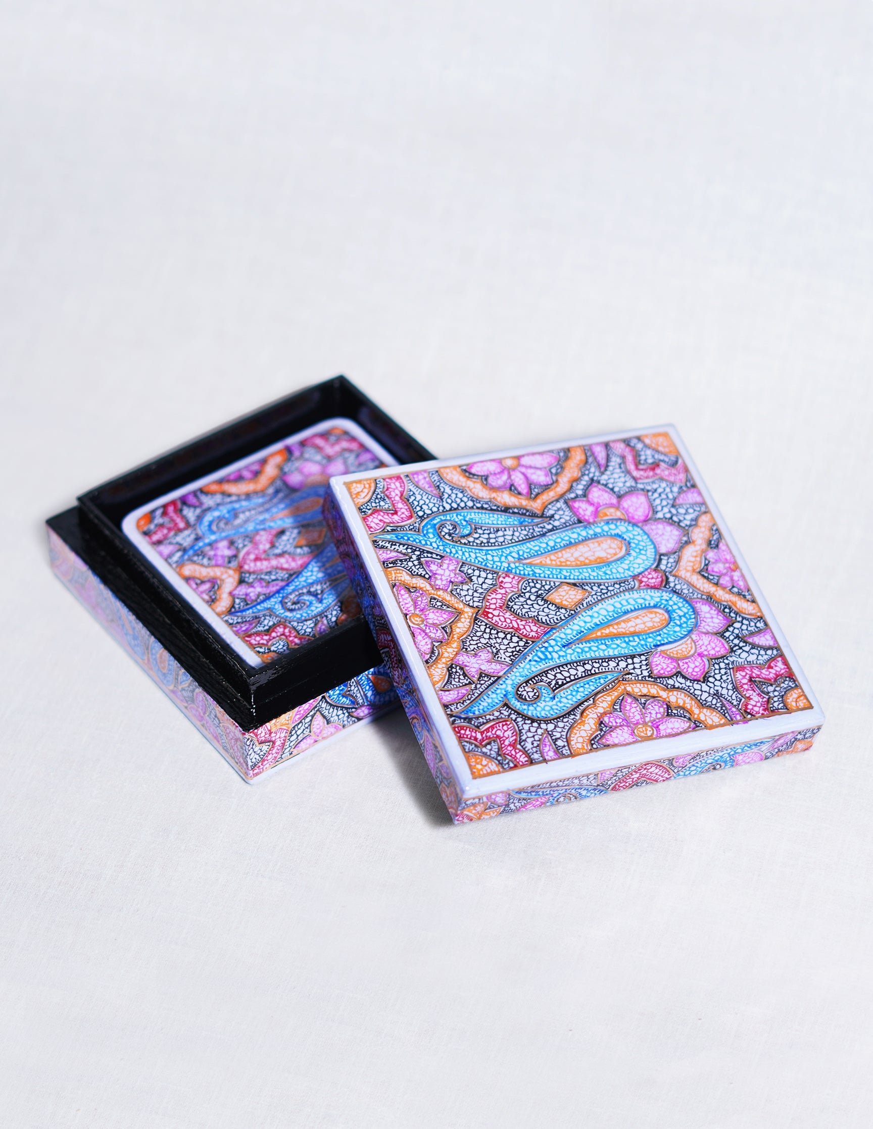 Papier-Mâché Coaster Set — Hand-Painted Design | 11 cm (L) × 11 cm (B) × 3.5 cm (H)