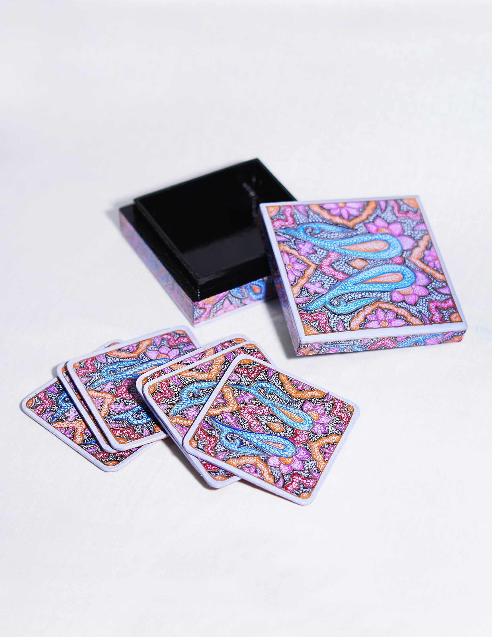 Papier-Mâché Coaster Set — Hand-Painted Design | 11 cm (L) × 11 cm (B) × 3.5 cm (H)