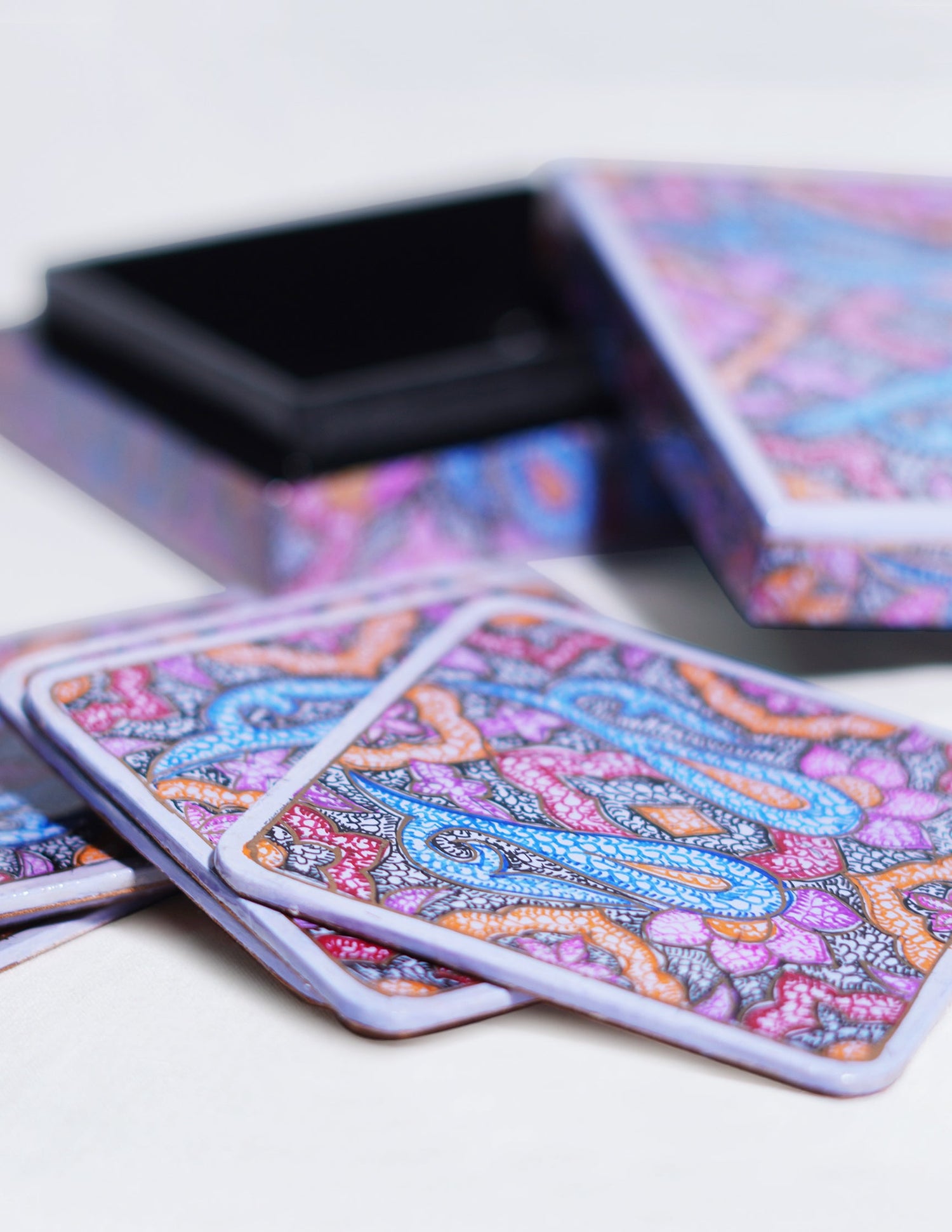 Papier-Mâché Coaster Set — Hand-Painted Design | 11 cm (L) × 11 cm (B) × 3.5 cm (H)