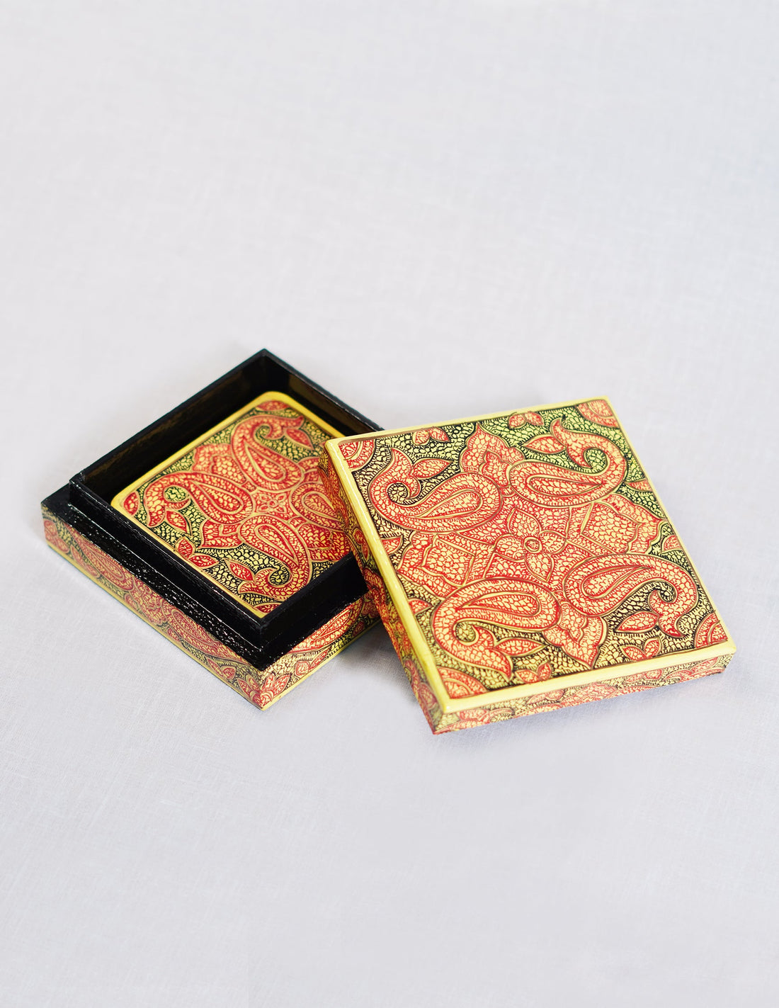 Papier-Mâché Coaster Set — Hand-Painted Design | 11 cm (L) × 11 cm (B) × 3.5 cm (H)