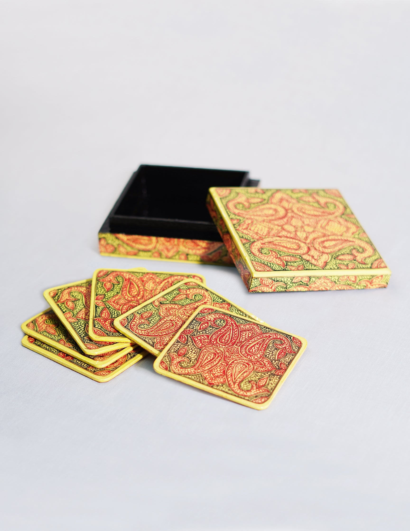 Papier-Mâché Coaster Set — Hand-Painted Design | 11 cm (L) × 11 cm (B) × 3.5 cm (H)