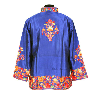 Multicolor Floral Navy Blue Short Silk Jacket - KashmirBox.com