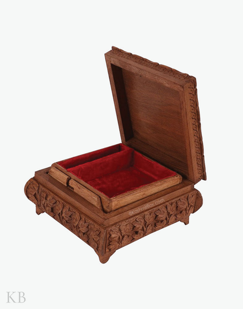 Square Chinar Carved Walnut Wood Box - Kashmir Box