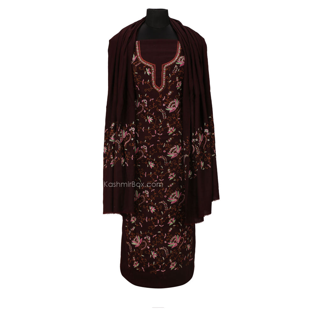 Brown Floral Sozni Woolen Suit - KashmirBox.com