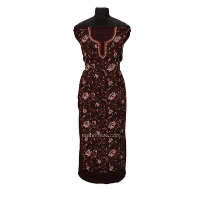 Brown Floral Sozni Woolen Suit - KashmirBox.com