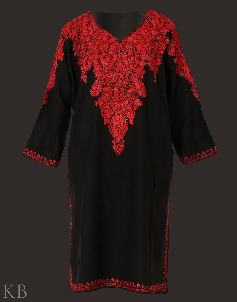 Black Red Paisley Embroidered Phiran - KashmirBox.com